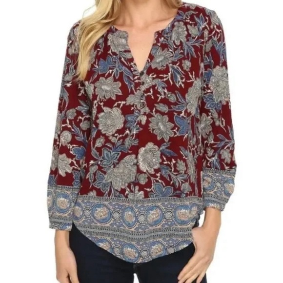 Lucky Brand Boho Hippie Top Dark Burgundy Floral Print Three Button Closure Sz S - Picture 1 of 14
